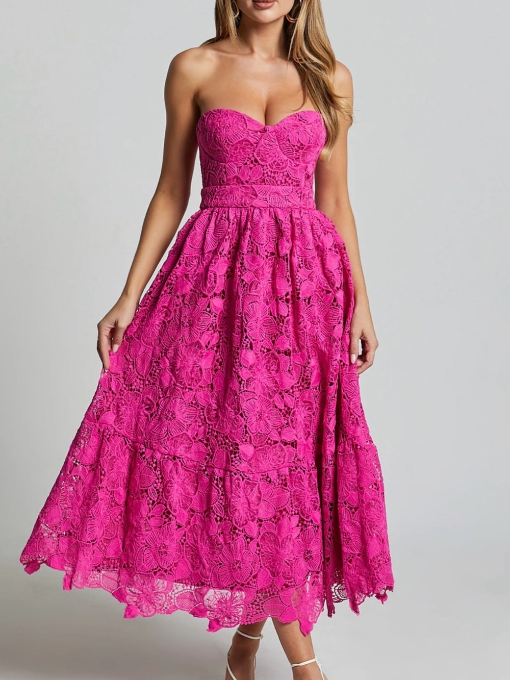 Showpo Hot Pink Strapless Lace Midi Dress